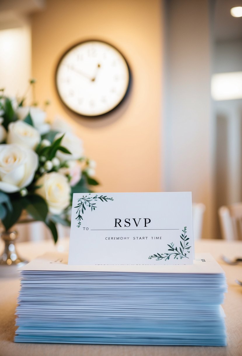 A stack of RSVP wedding cards arranged neatly on a table, with a clock showing the ceremony start time in the background