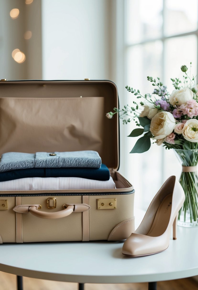 A suitcase filled with neatly folded clothing, a pair of elegant shoes, and a delicate bouquet of flowers sitting on a table