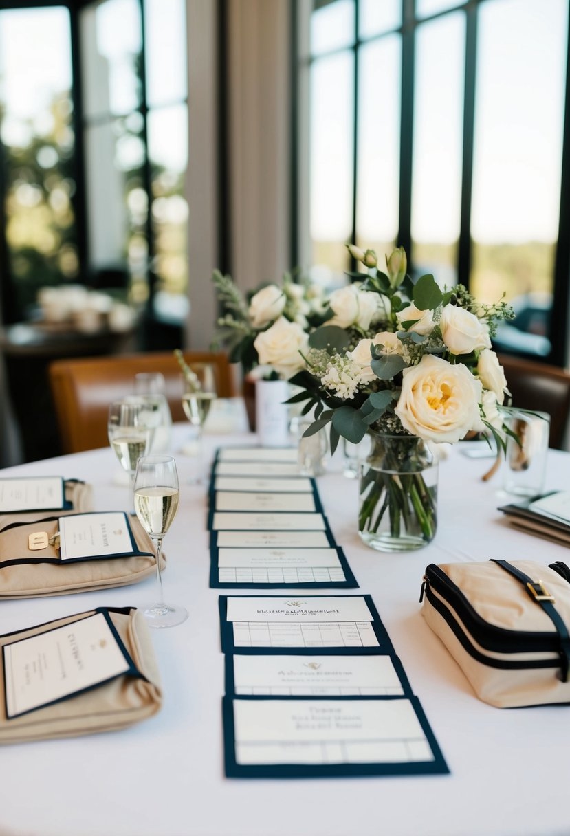 A table with neatly arranged wedding day timeline cards and various packing essentials