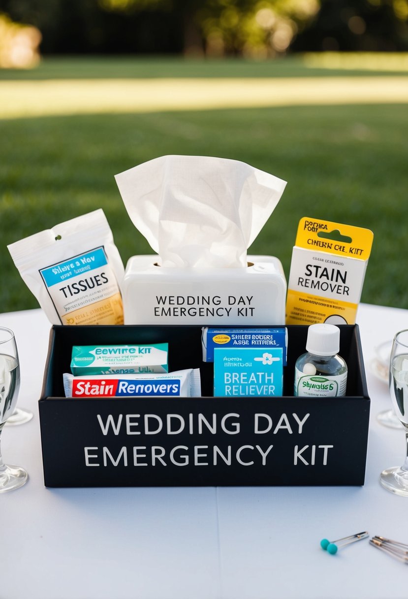 A table displays a wedding day emergency kit: tissues, sewing kit, pain relievers, breath mints, stain remover, and safety pins