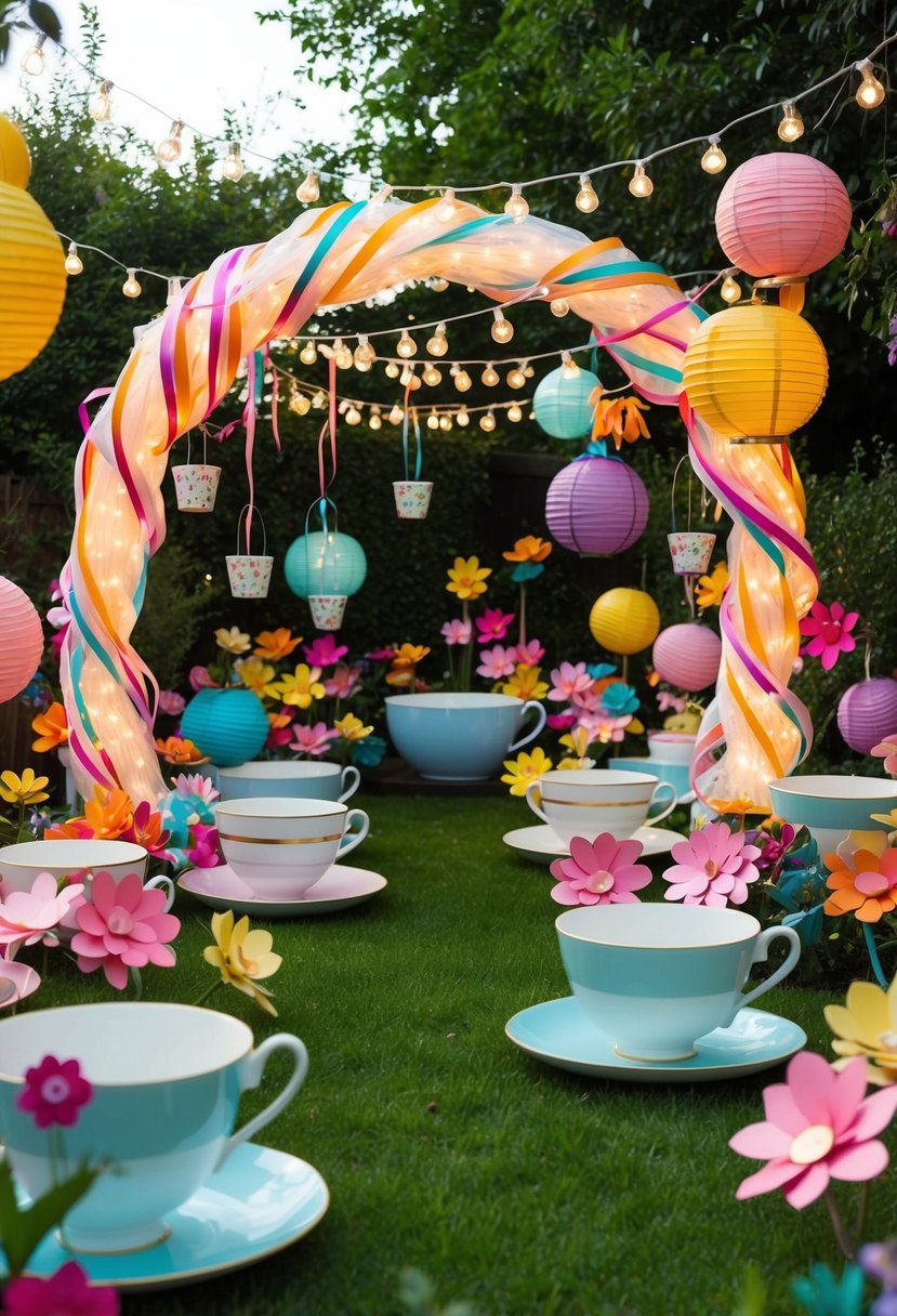 A garden filled with oversized teacups, hanging lanterns, and colorful paper flowers. A whimsical archway made of twirling ribbons and fairy lights