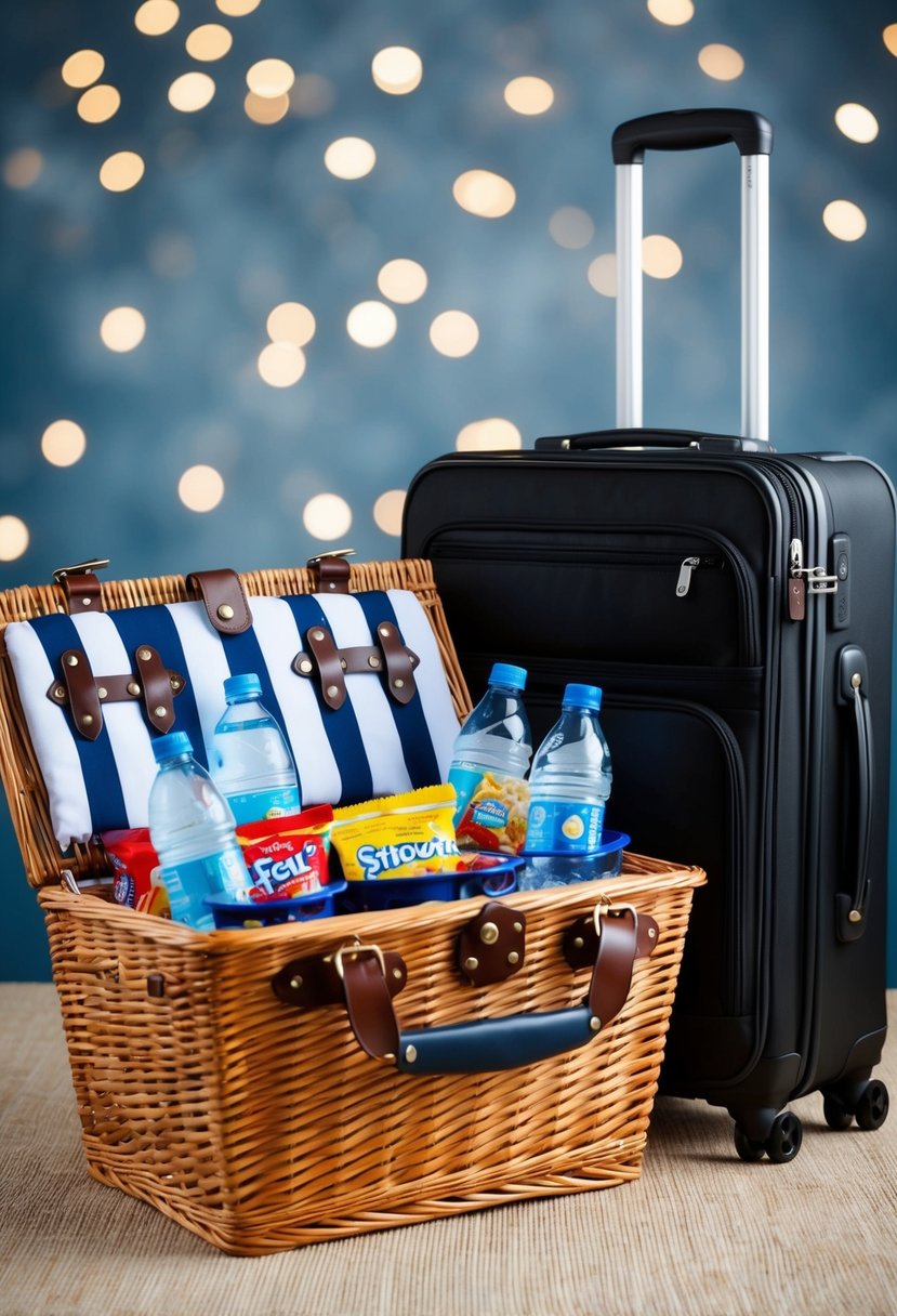 A picnic basket filled with snacks and bottled water sits next to a neatly packed suitcase