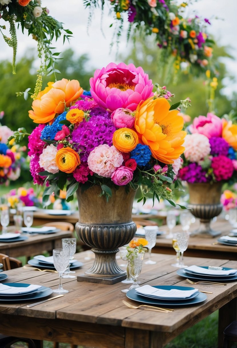 Vibrant, oversized blooms spill from ornate vases atop rustic wooden tables, creating a whimsical and colorful backdrop for a wedding celebration