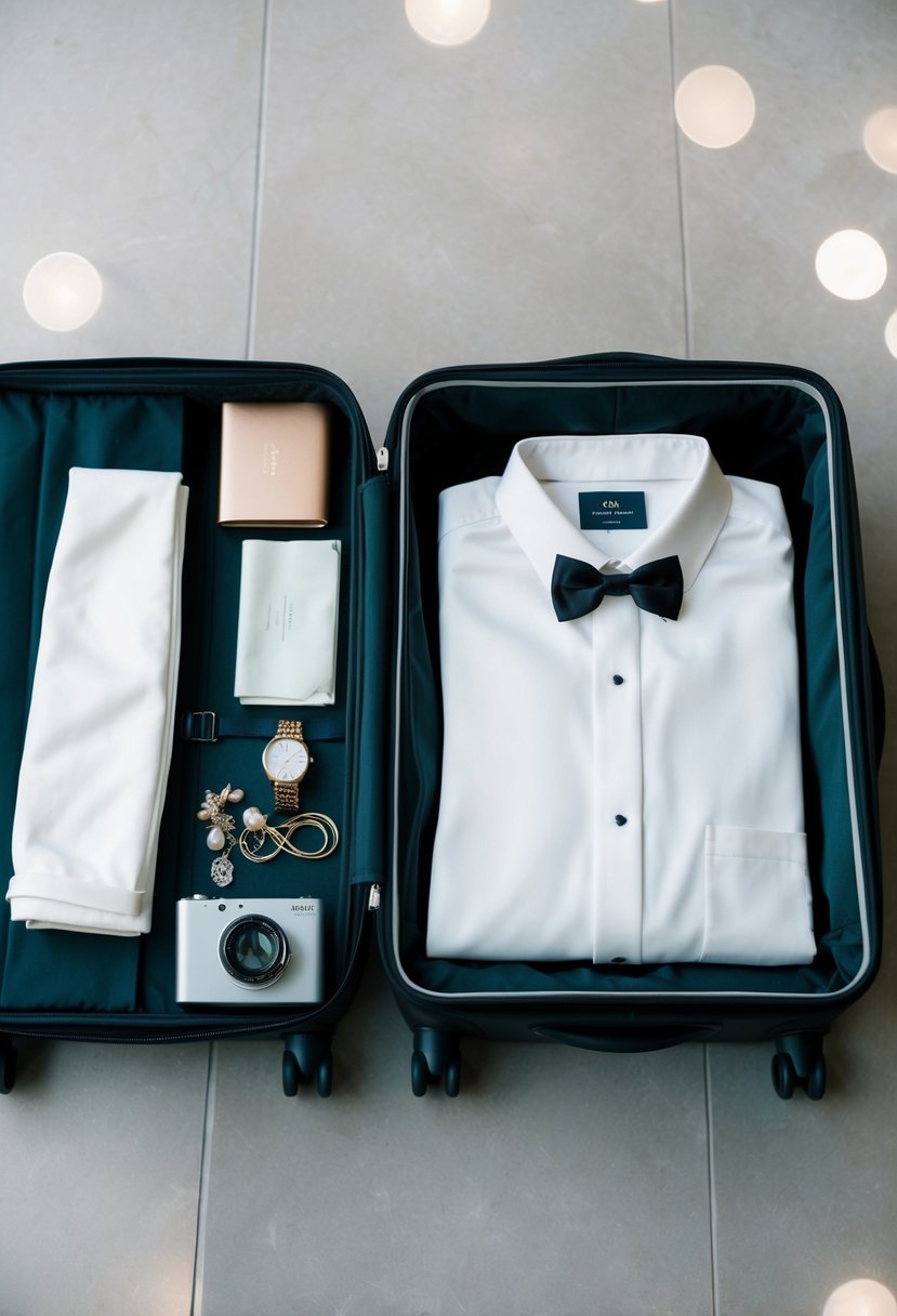 A neatly folded wedding outfit laid out next to a suitcase filled with neatly packed essentials and accessories