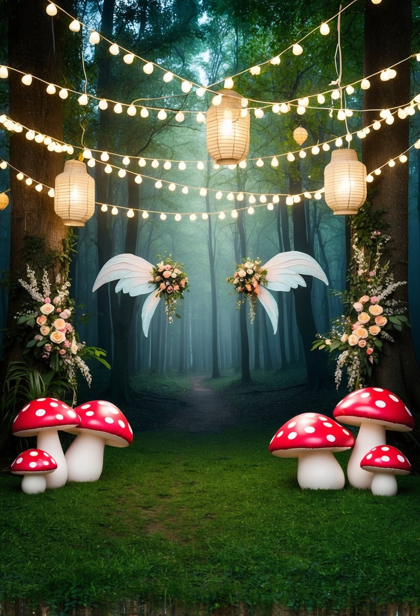 A lush forest clearing with twinkling lights, hanging lanterns, and oversized toadstools. Fairy wings and floral garlands adorn the photobooth backdrop