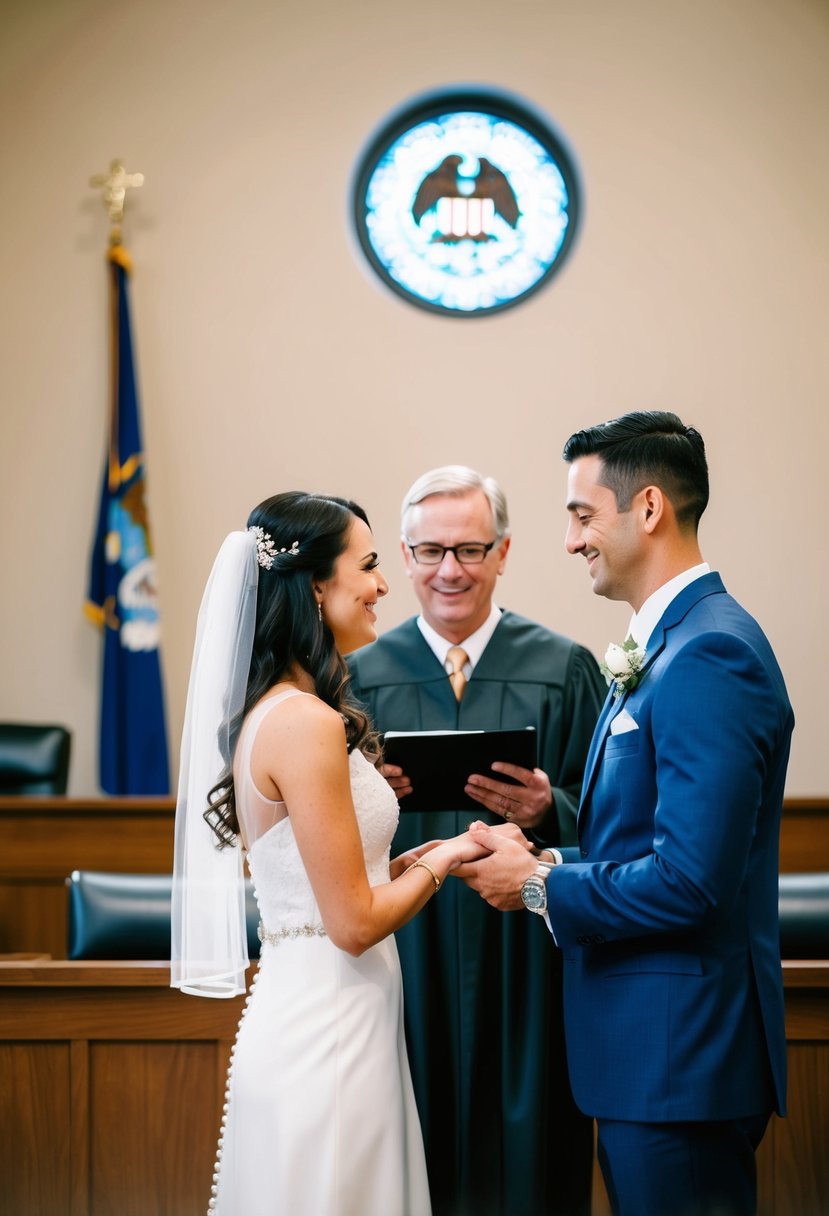 A couple exchanging vows in front of a judge at a simple courthouse ceremony