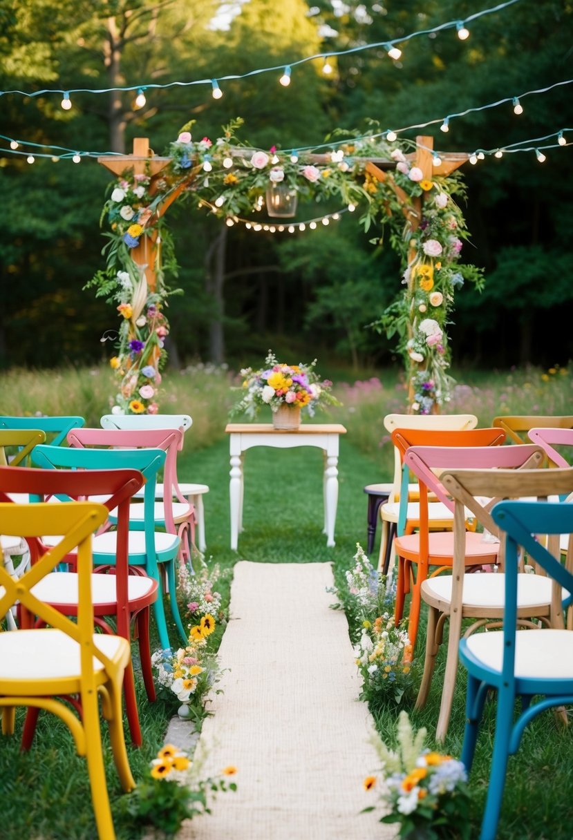 A colorful array of mismatched chairs surround a whimsical outdoor wedding altar adorned with fairy lights and wildflowers