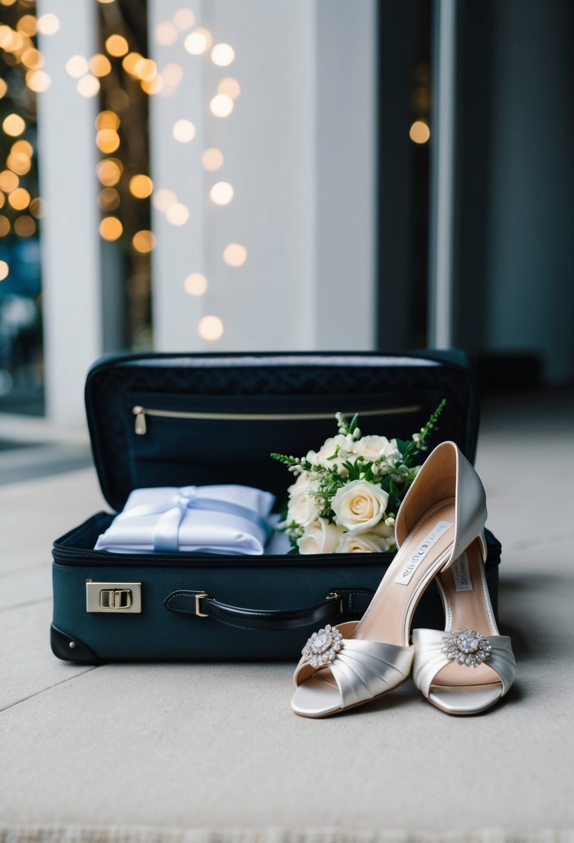 A pair of elegant wedding shoes placed next to a neatly packed suitcase with other wedding essentials