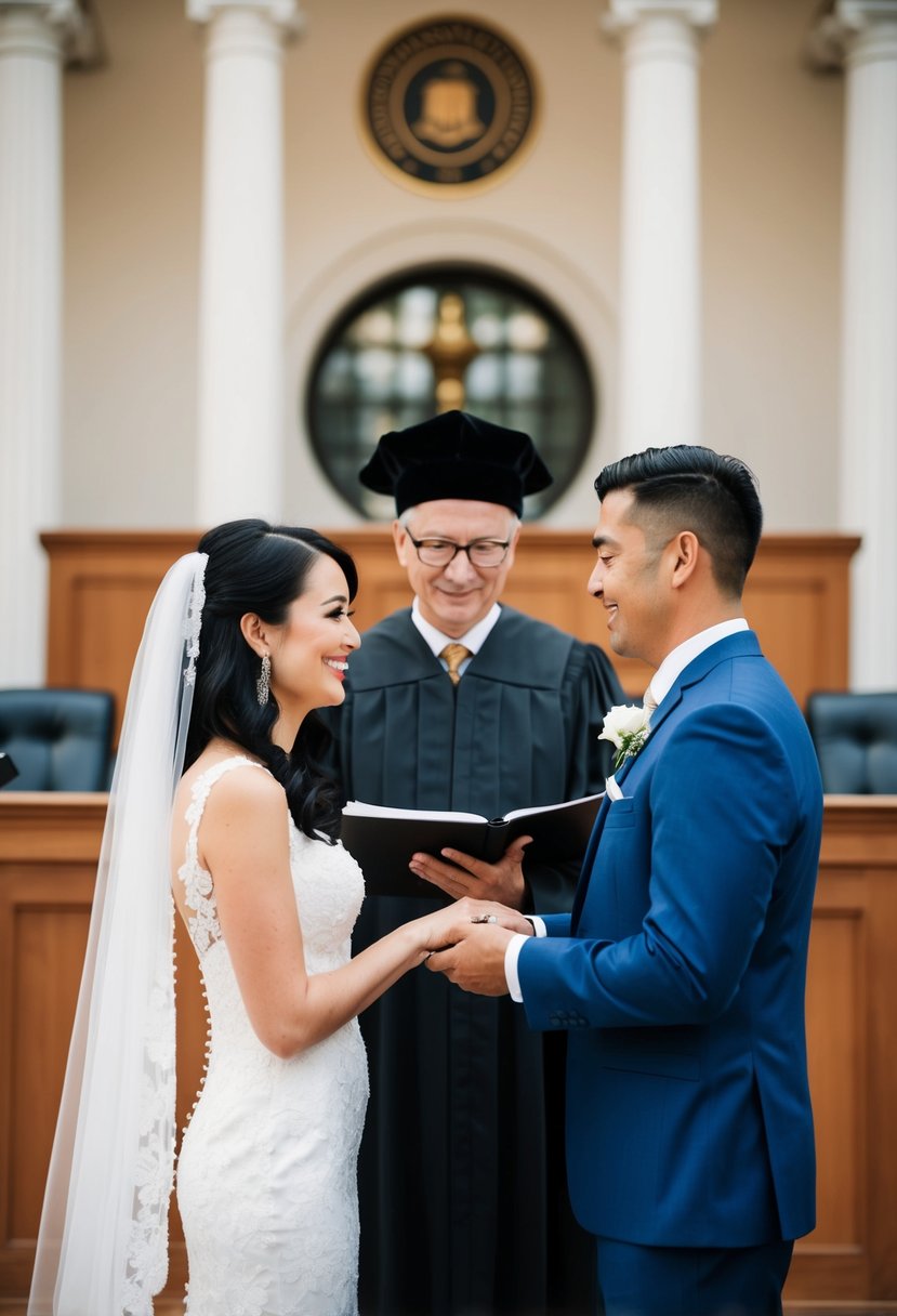 A couple exchanging vows in front of a judge at a simple, elegant courthouse wedding ceremony