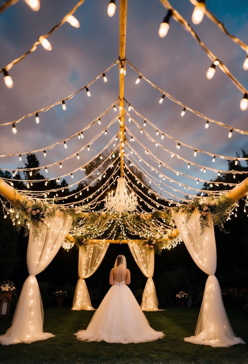 Fairy lights drape over a whimsical outdoor wedding canopy, creating a magical and enchanting atmosphere