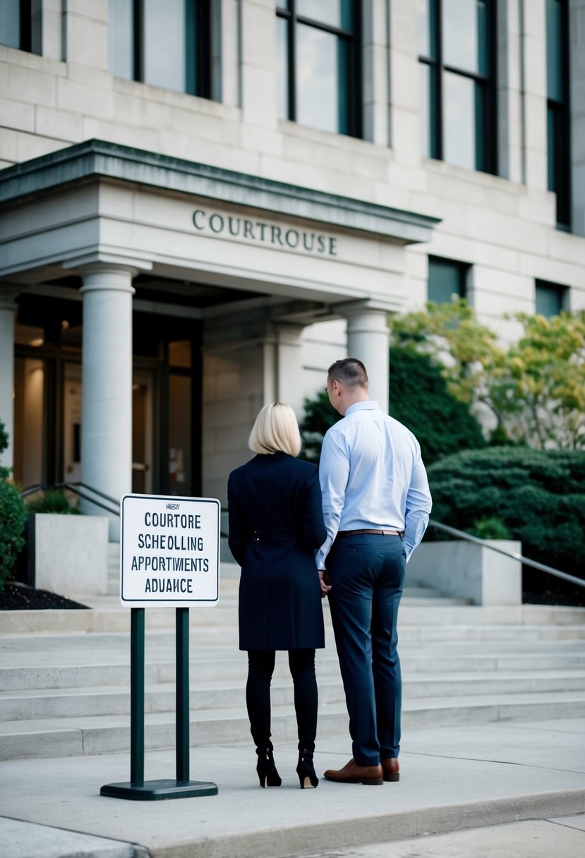 A couple stands at the entrance of a courthouse, looking at a sign for scheduling appointments in advance. The building's architecture and surrounding landscaping are visible in the background