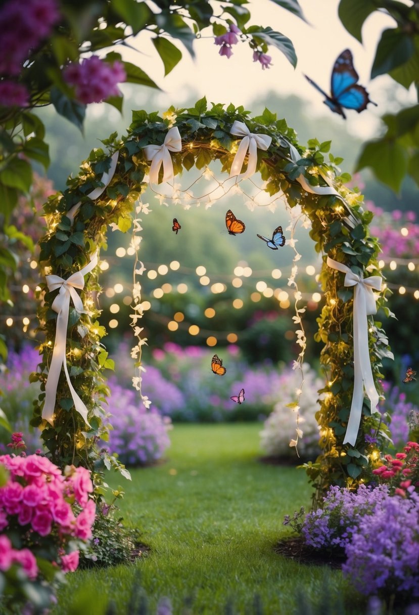 An enchanted garden with vibrant flowers, twinkling fairy lights, and a whimsical archway adorned with ribbons and ivy. Butterflies flit among the blossoms while a gentle breeze rustles the leaves