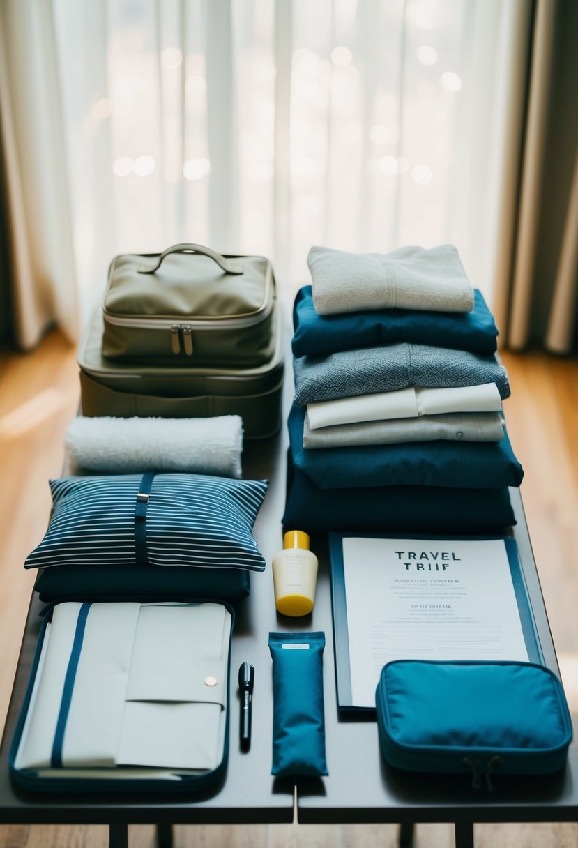 A table with neatly folded clothes, toiletries, and travel documents laid out for a wedding trip