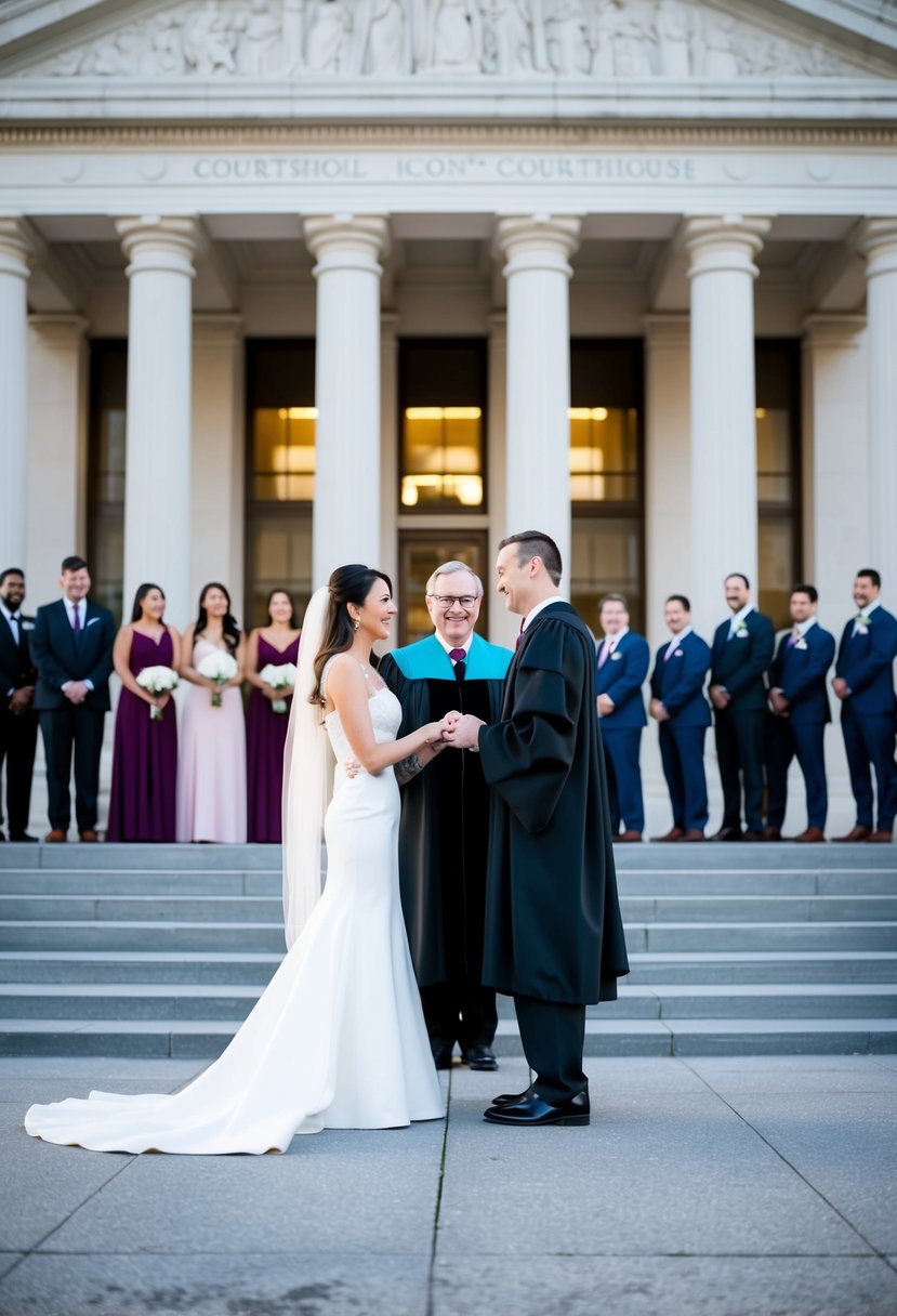 A couple stands before a courthouse, exchanging vows as a judge officiates. The building's architecture and a line of waiting couples are visible in the background