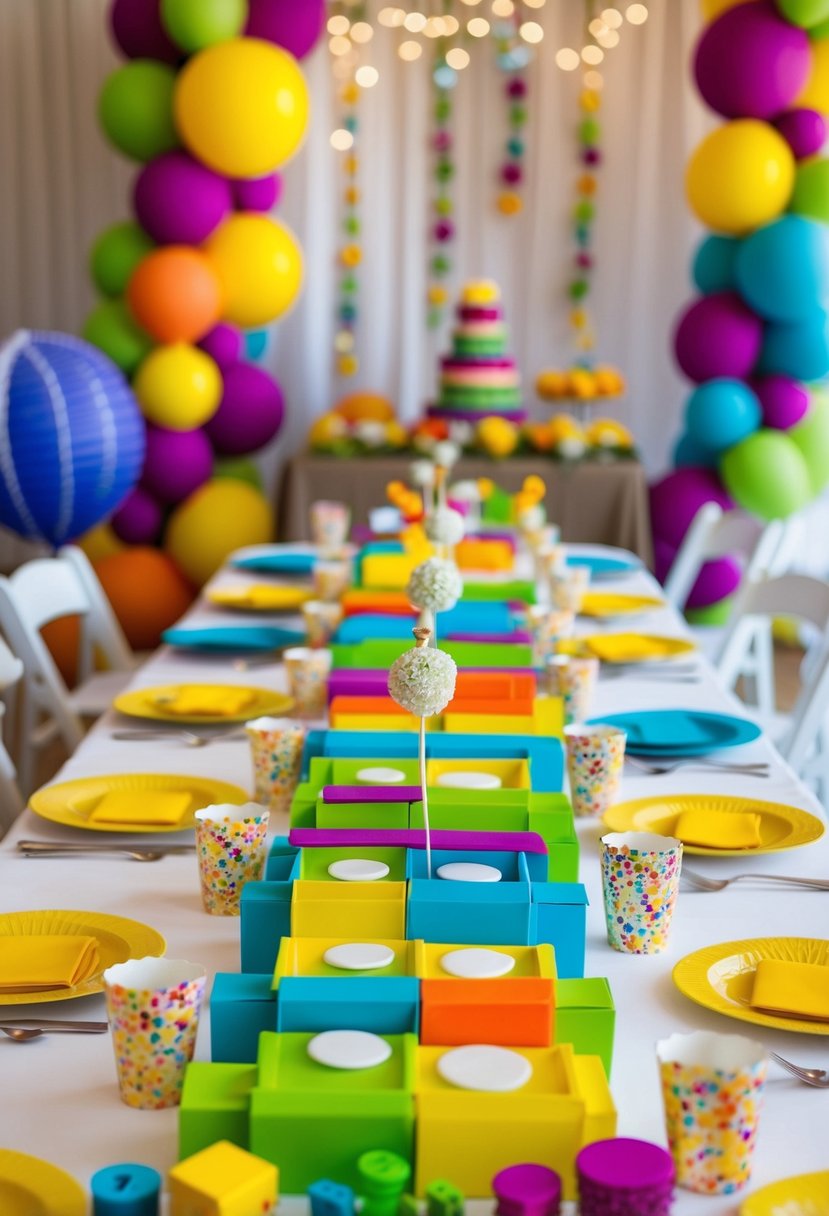 A table adorned with colorful, interactive guest favors, surrounded by whimsical wedding decor and playful elements