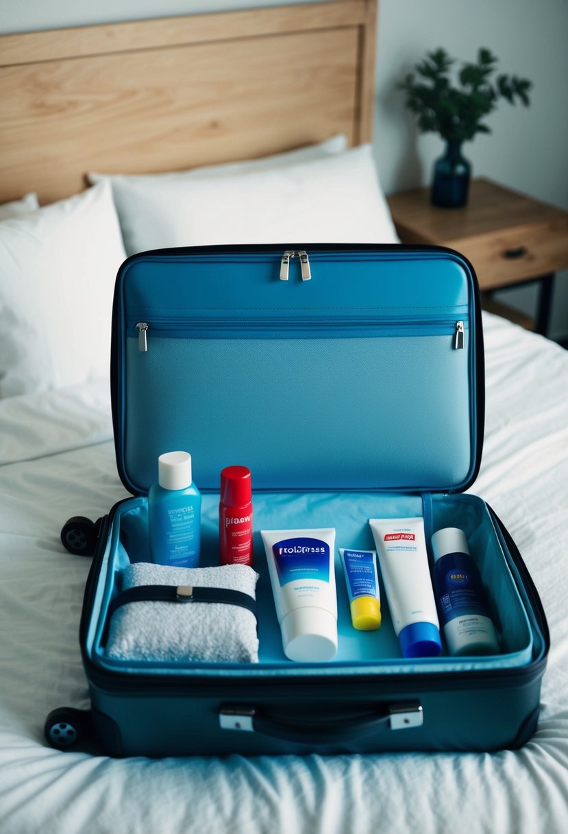 A suitcase open on a bed, filled with toiletries like toothpaste, shampoo, and deodorant. Clothes and shoes are neatly packed around them