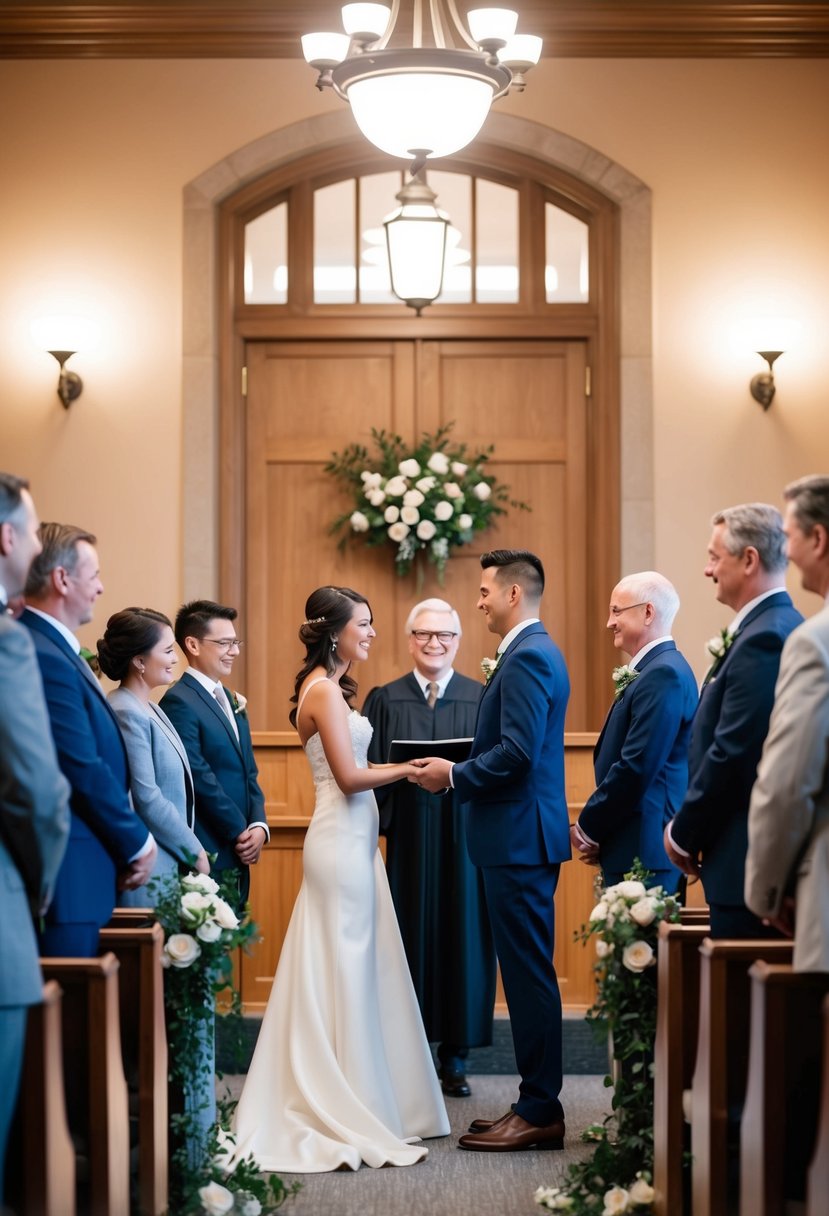 A cozy courthouse ceremony with a small number of guests, exchanging vows in front of a judge, with simple floral arrangements and warm lighting