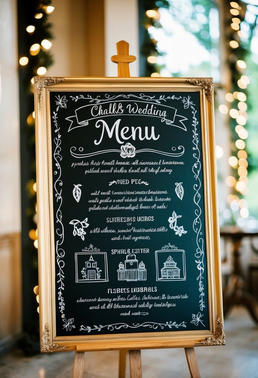 A chalkboard menu adorned with whimsical wedding illustrations