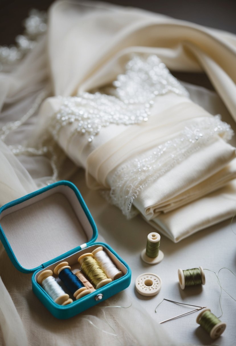 A small sewing kit sits next to neatly folded wedding attire, surrounded by delicate fabric and spools of thread