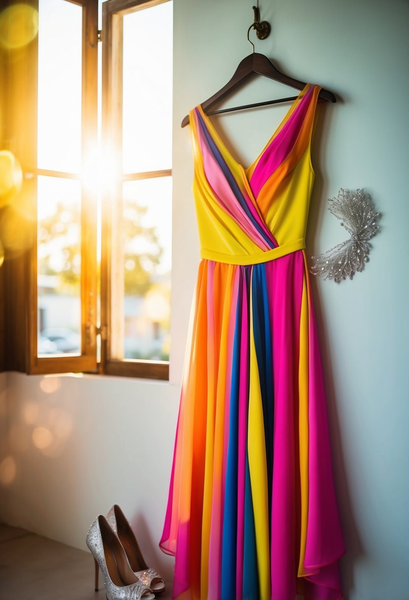 A colorful, flowing dress hangs on a hanger next to a pair of elegant heels and a sparkly hair accessory. Sunshine streams through an open window, casting a warm glow on the outfit