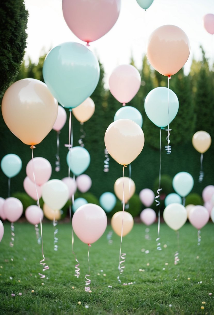 A garden filled with pastel-colored balloons floating in the air, creating a whimsical and romantic atmosphere for a wedding celebration