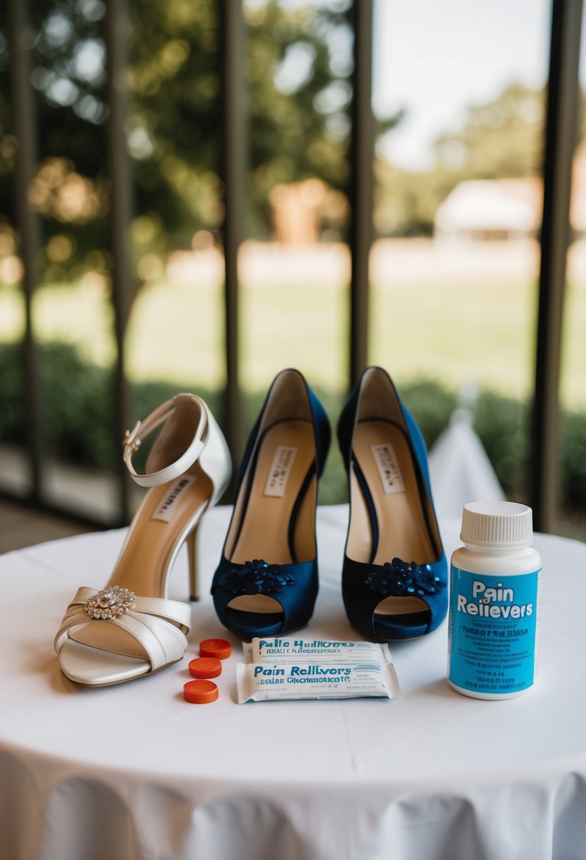 A table with wedding items: dress, shoes, and pain relievers