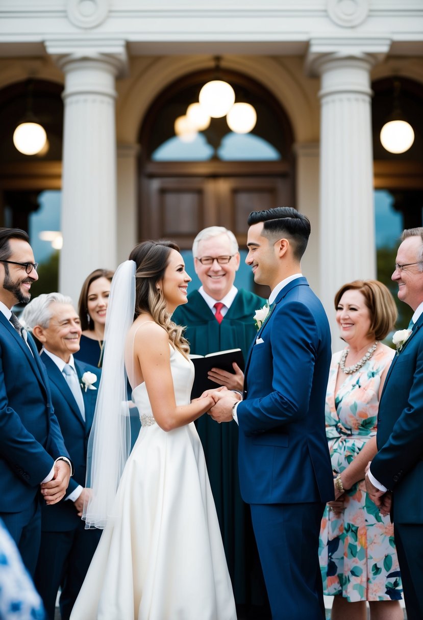 A couple exchanging vows in front of a judge at a courthouse, surrounded by close family and friends