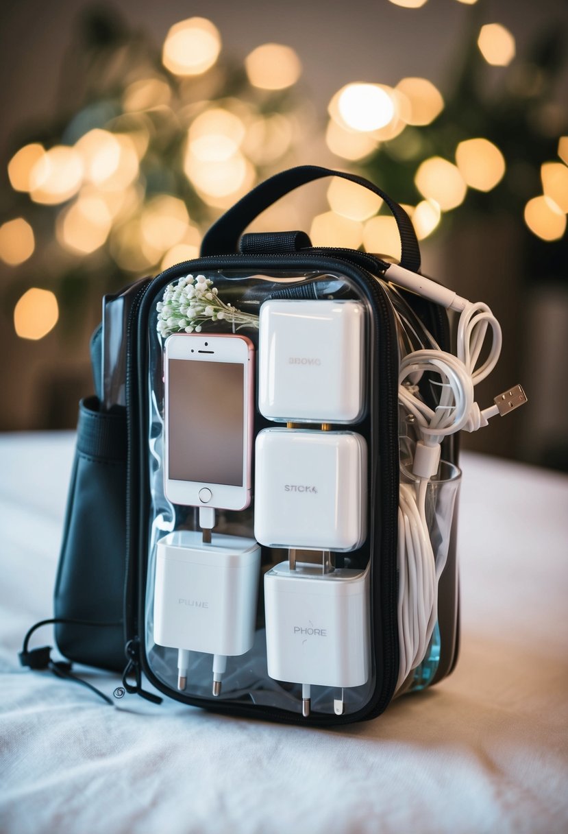 Multiple phone chargers packed with wedding items