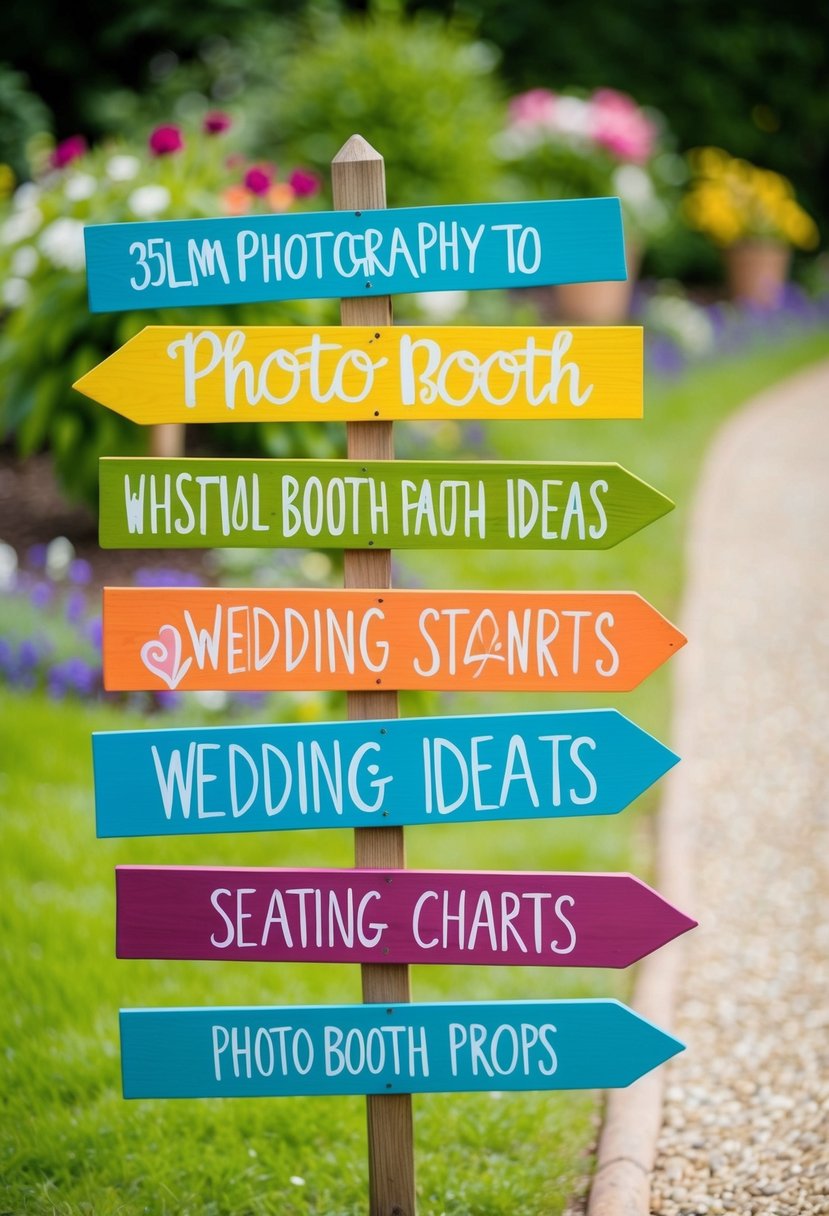 Colorful wooden signs adorn a garden path, each hand-painted with whimsical wedding ideas, from seating charts to photo booth props