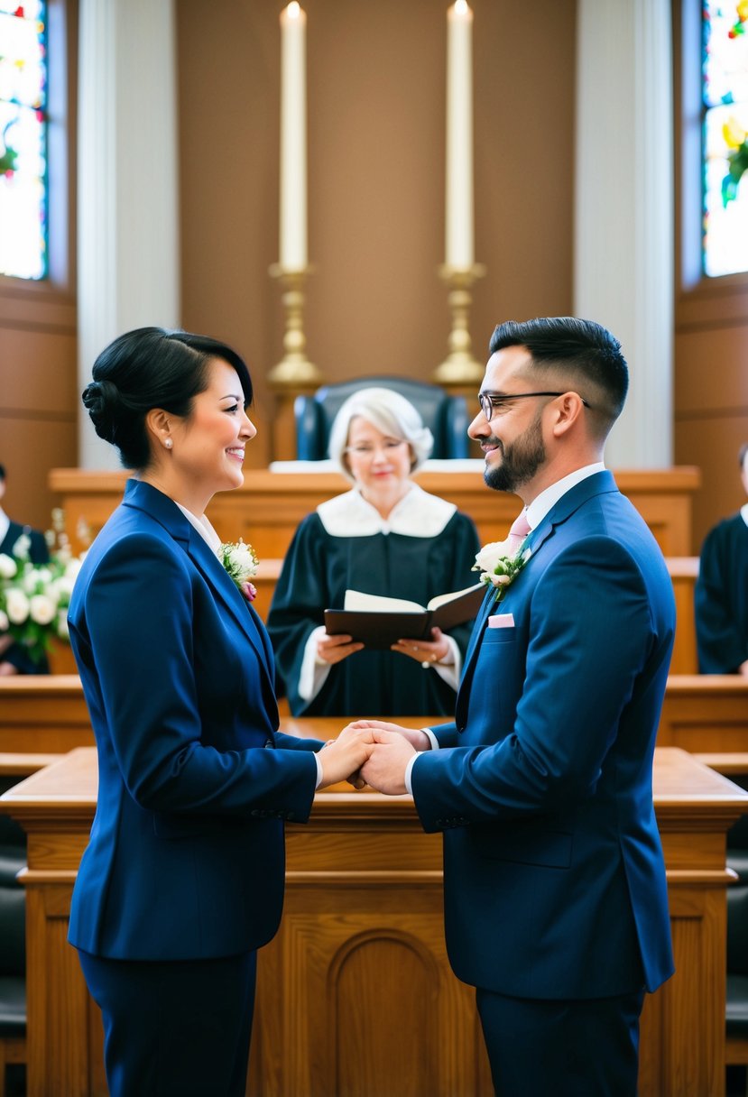 A couple standing at the courthouse altar, exchanging personalized vows with emotion and sincerity