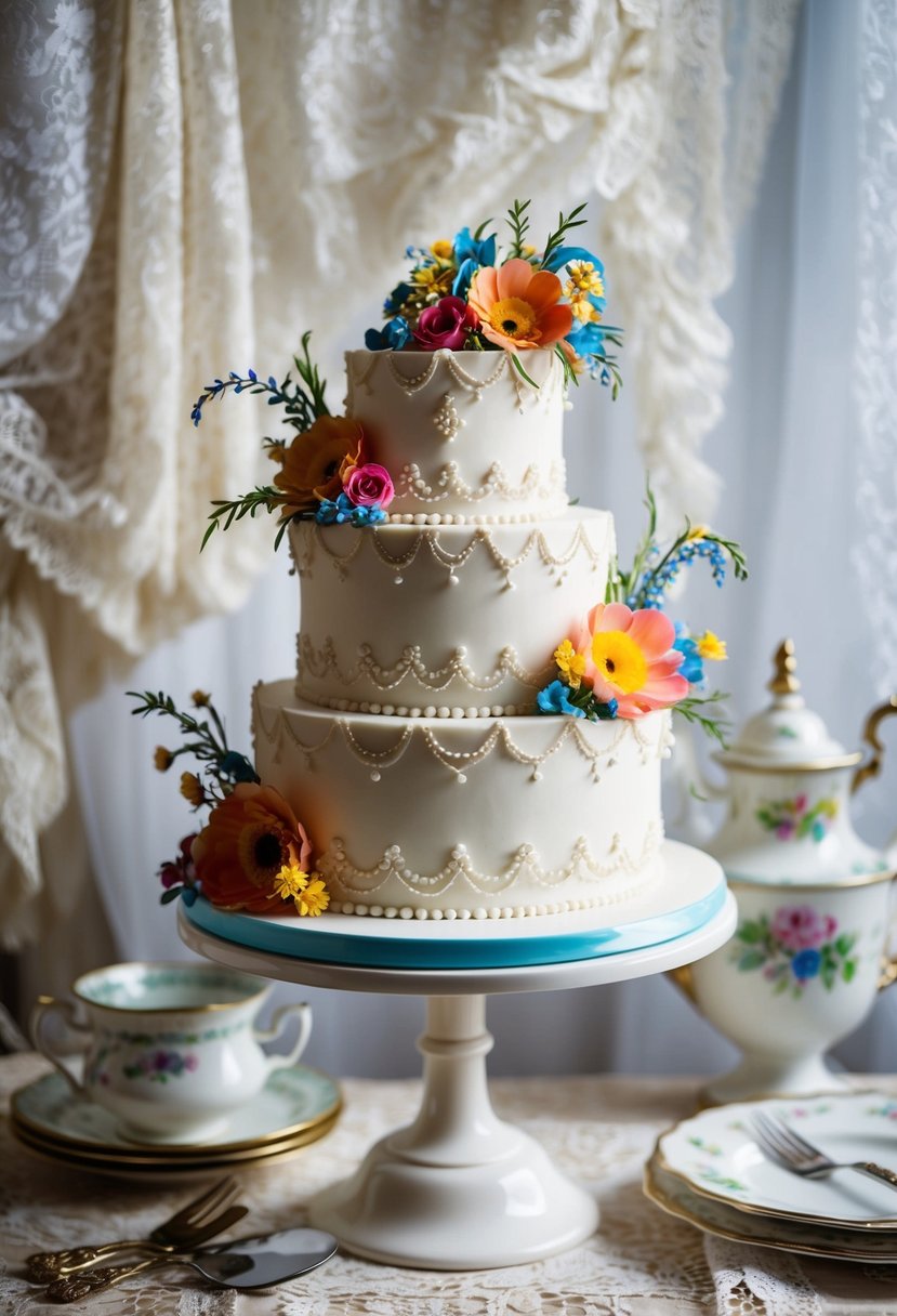 A vintage-style wedding cake adorned with whimsical details and colorful floral accents, set against a backdrop of antique lace and delicate china