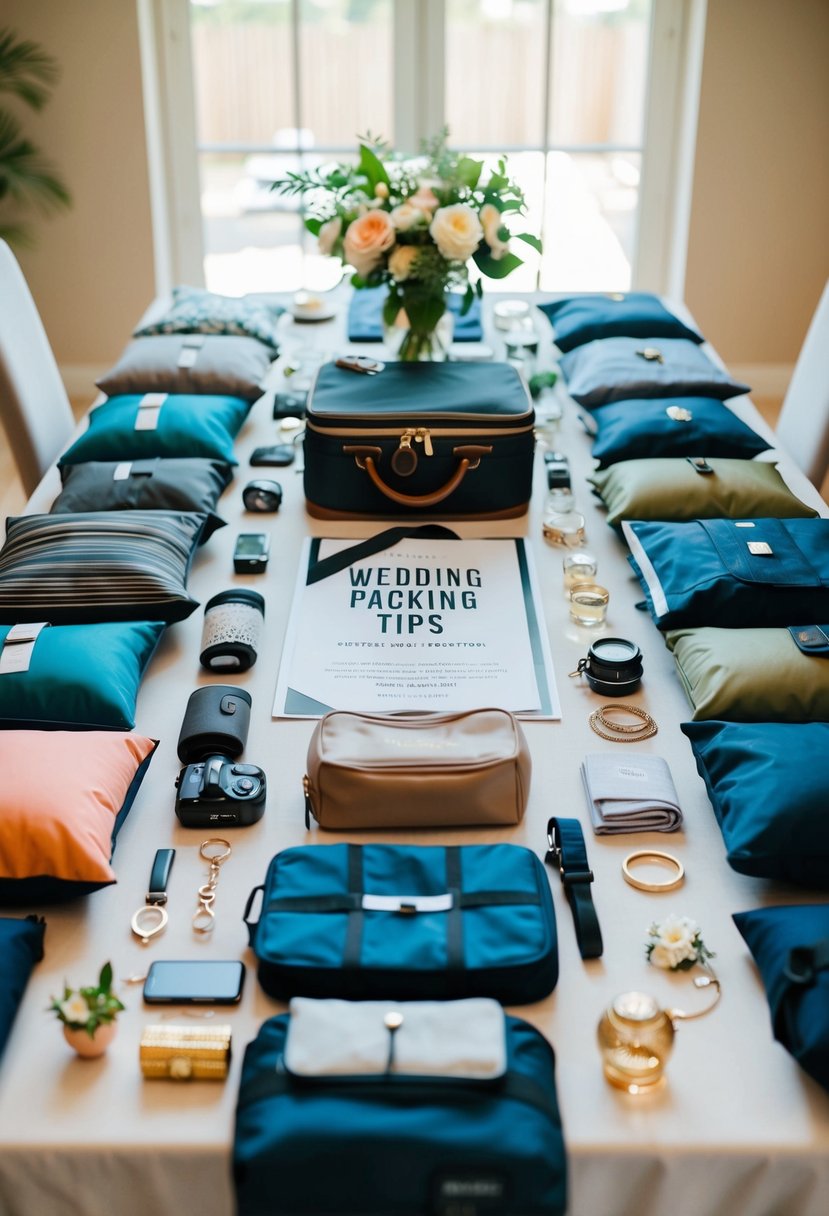 A table with a neatly arranged array of wedding packing tips, surrounded by various travel essentials and decorative elements