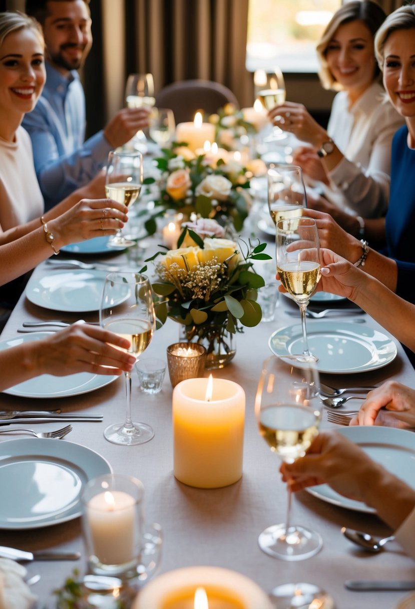 A table set with elegant dinnerware and candles, surrounded by happy faces and clinking glasses