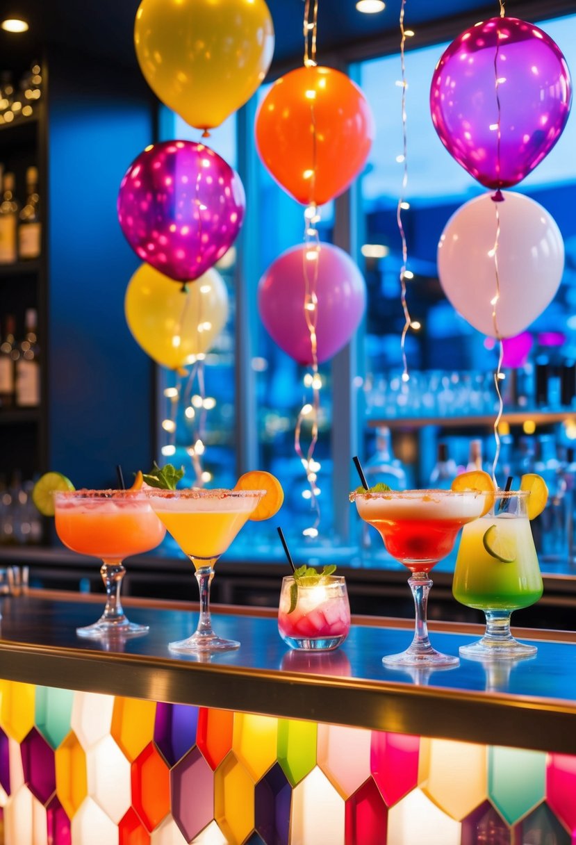 A colorful bar with floating balloons, fairy lights, and whimsical-themed signature cocktails served in quirky glassware