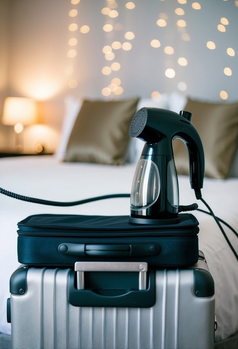 A small steamer sits on a neatly packed suitcase, ready to smooth out any wrinkles in the wedding attire