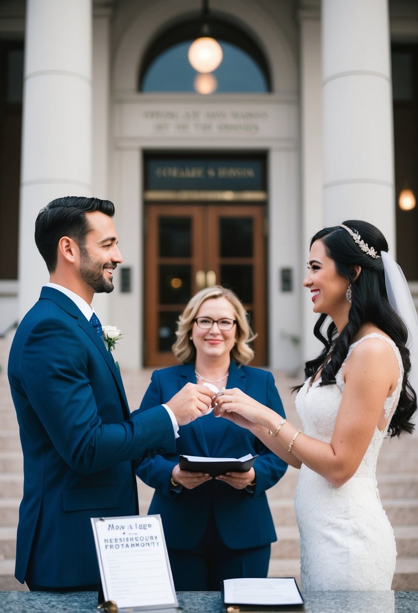 A couple exchanging vows at a courthouse, with a marriage license and tips for the ceremony displayed nearby