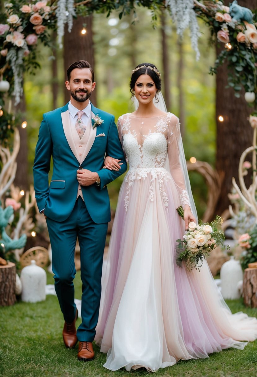 A bride wearing a flowing, pastel-colored gown with delicate lace and floral accents, accompanied by a groom in a tailored suit with a touch of whimsy, surrounded by enchanted forest elements and fairytale-inspired decor