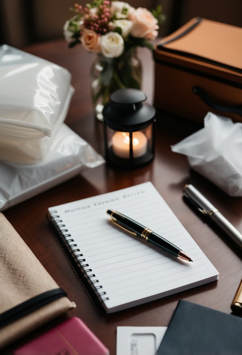 A pen and notepad sit on a table surrounded by wedding packing items