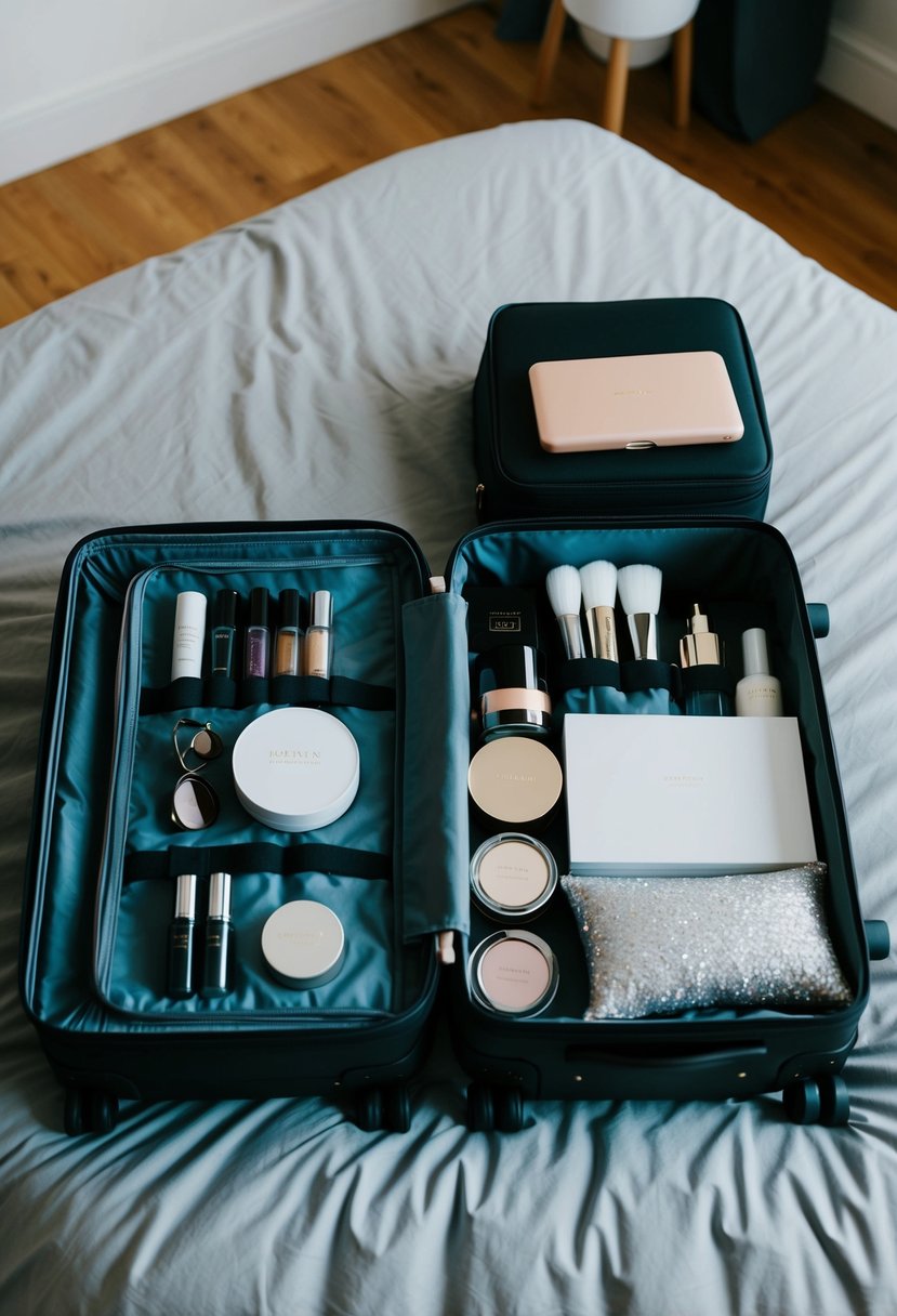 A suitcase open on a bed, with neatly arranged backup cosmetic sets and wedding essentials packed inside