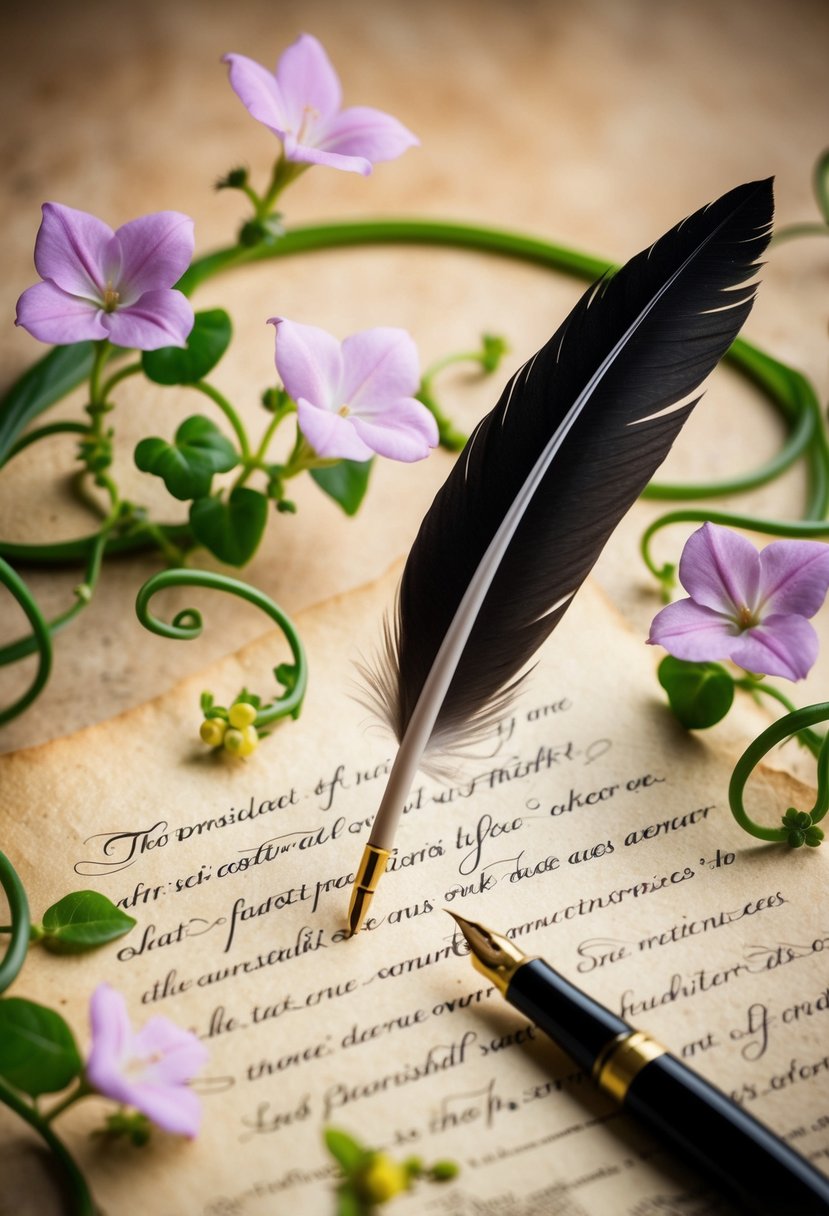 A quill pen delicately writes swirling script on parchment, surrounded by delicate flowers and swirling vines