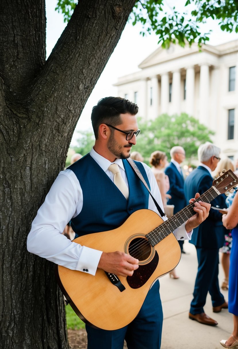 A guitarist strums under a tree as guests mingle at a courthouse wedding