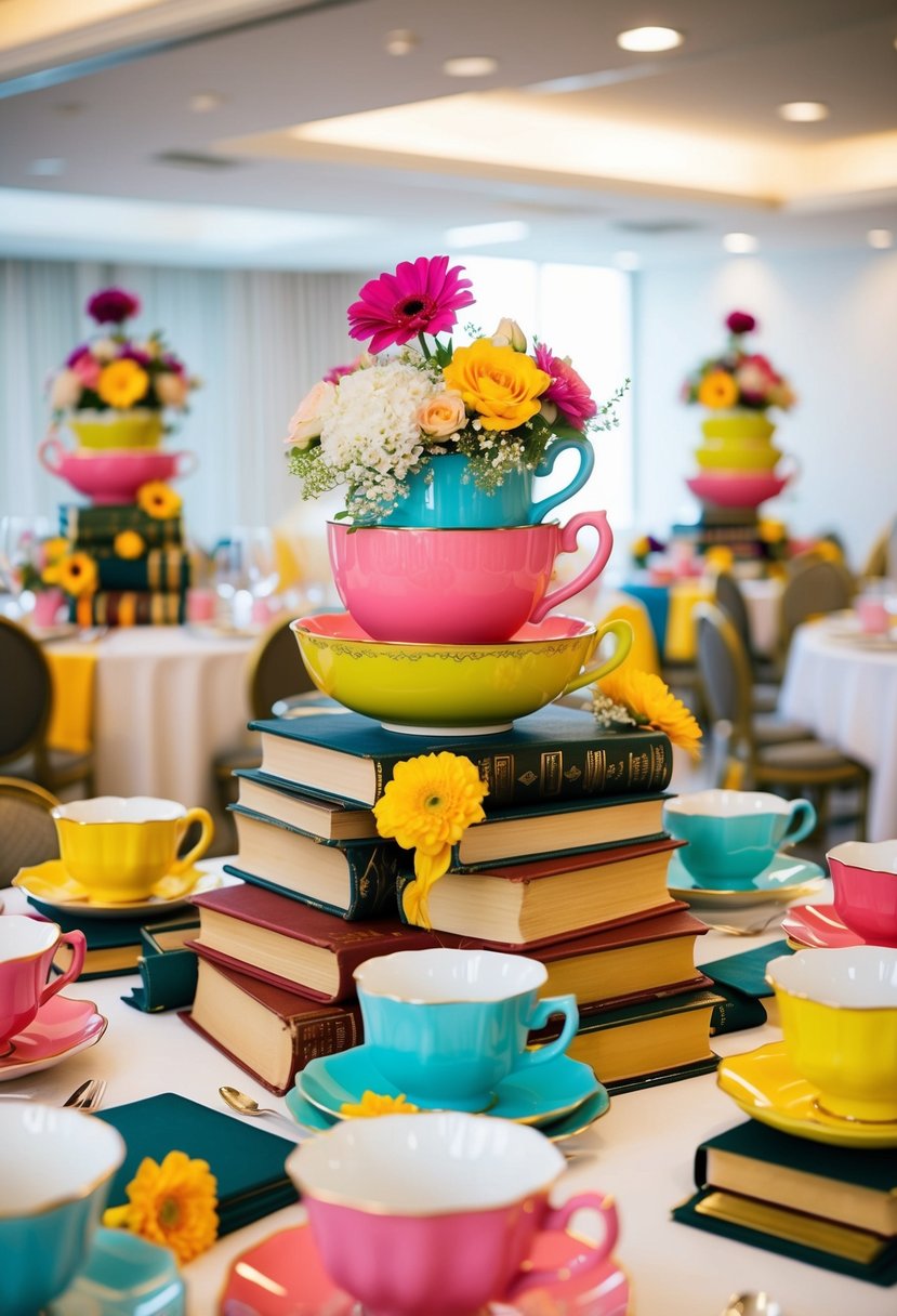 A colorful array of oversized teacups, books, and flowers create whimsical centerpieces for a themed wedding