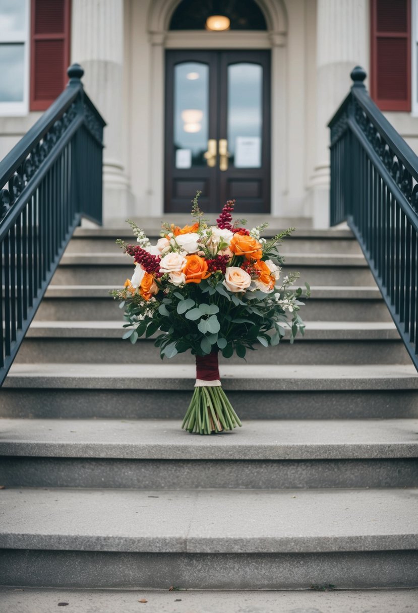 A bouquet of flowers placed on the steps of a quaint courthouse entrance