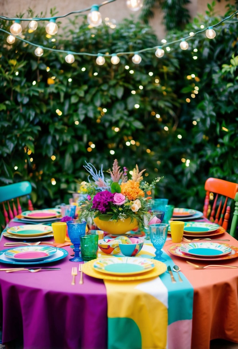 A vibrant table set with mismatched, colorful dishes and whimsical accents, surrounded by lush greenery and twinkling lights