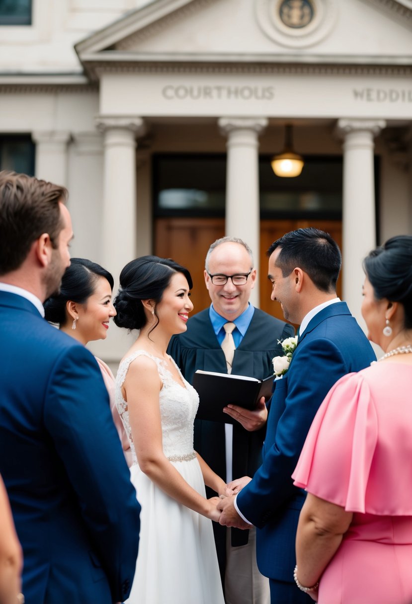 A small, intimate courthouse wedding ceremony with a friend or family member officiating, surrounded by a few close loved ones