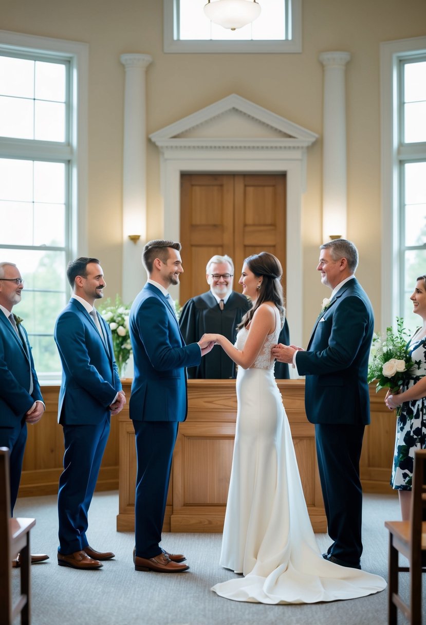 A couple stands in front of a judge at a courthouse, exchanging vows as family and friends watch. The room is simple yet elegant, with natural light pouring in through large windows