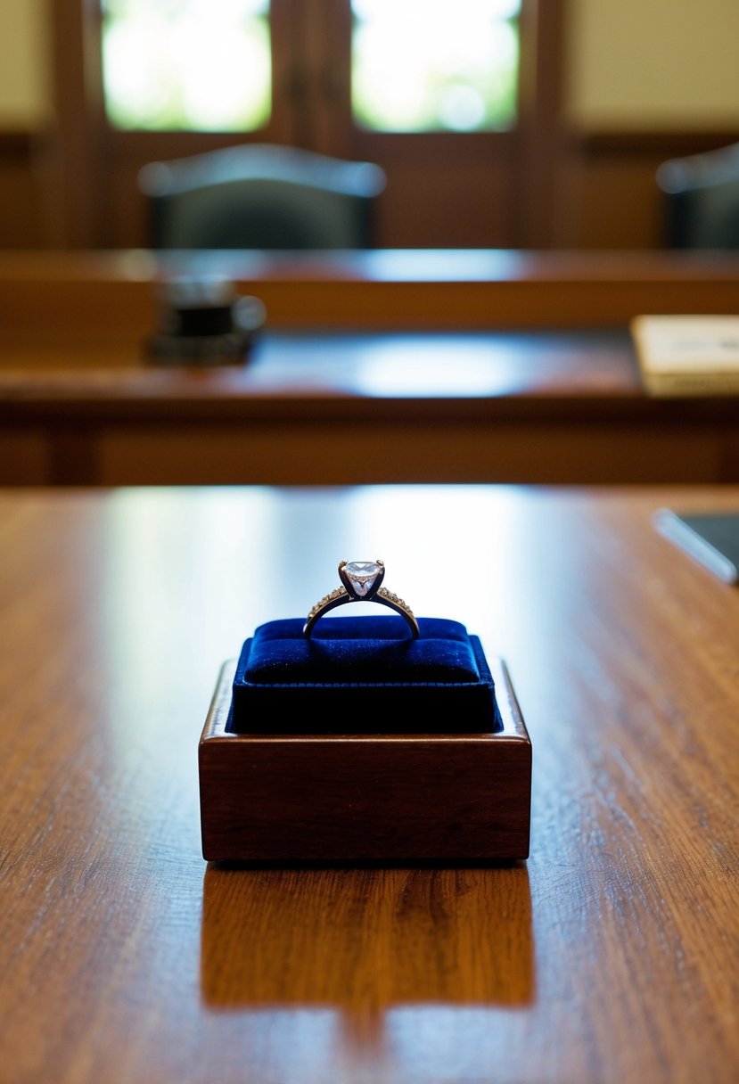 A small wedding ring nestled in a velvet box on a wooden courthouse desk