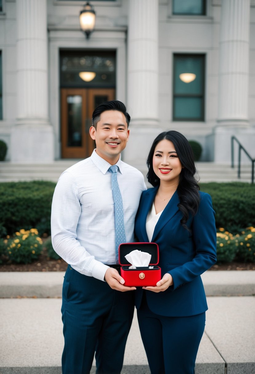 A couple standing outside a courthouse, holding a small emergency kit with items like a pen, tissues, and a ring box