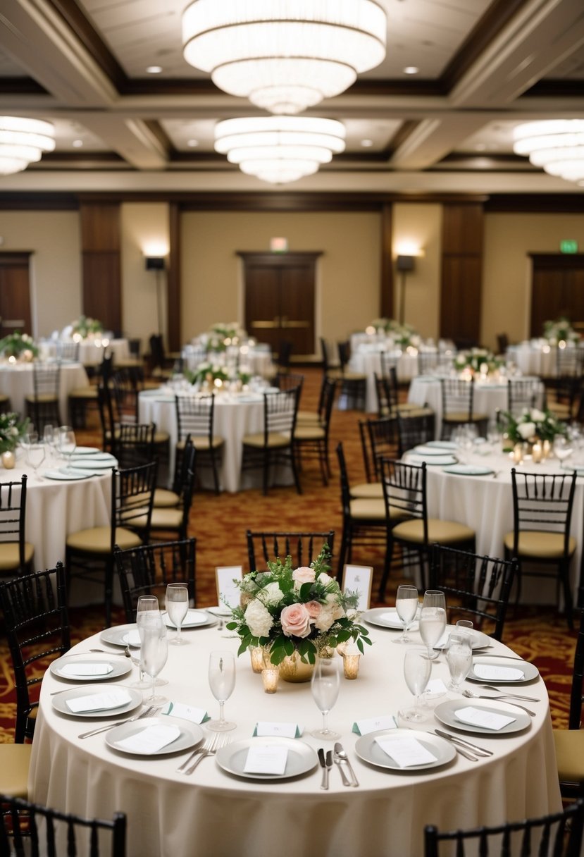 A large banquet hall with round tables arranged in an elegant pattern, adorned with floral centerpieces and place cards