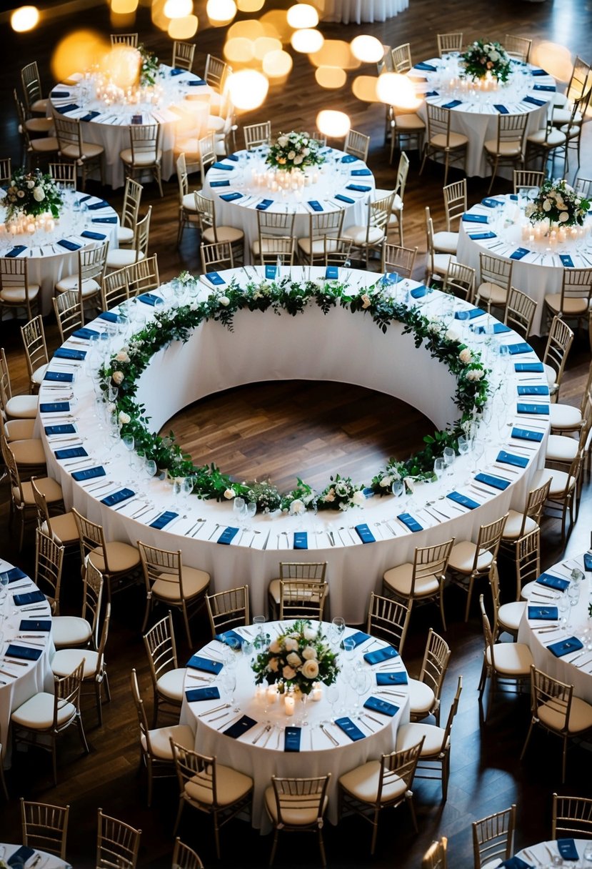 A circular wedding reception venue with tables arranged in a symmetrical pattern, each with assigned seating cards and floral centerpieces